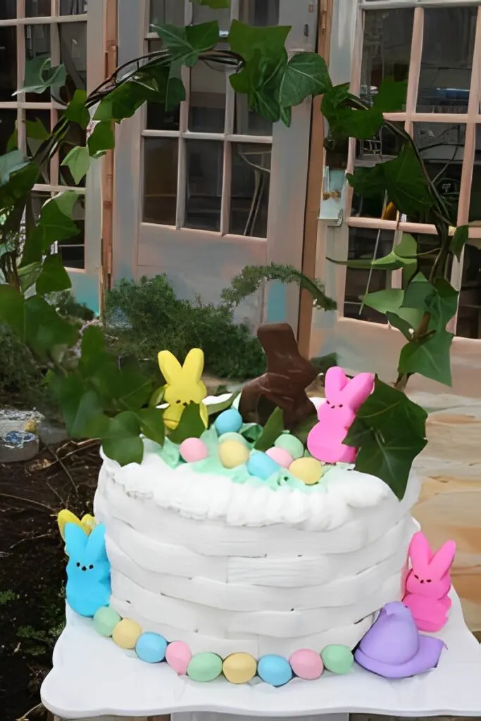Festive cake adorned with pastel eggs